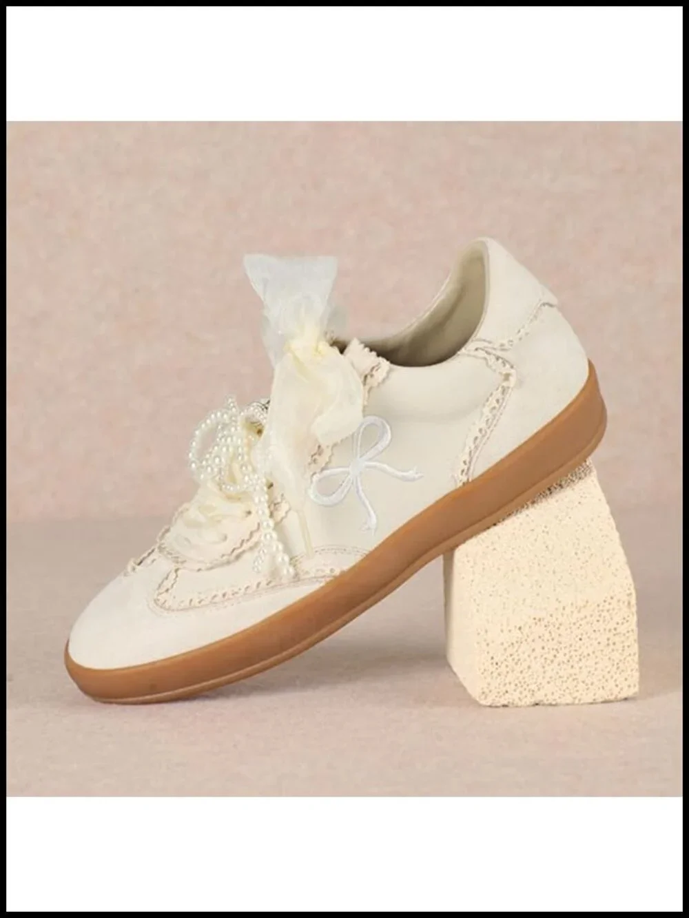 Vegan Leather Pearl Organza Ribbon Vintage Sneakers Low Top Lace-Up Fashion